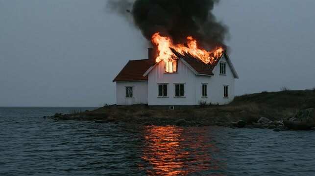 Emergency Action Plan shown as solitary waterfront house engulfed in flames with thick black smoke and fire reflection on dark sea at dusk
