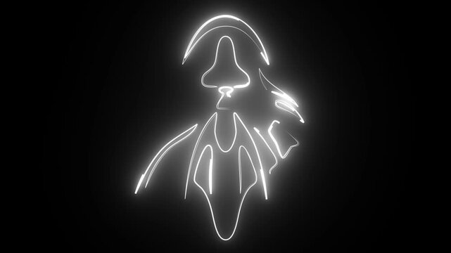 Minimalist neon line art of a futuristic cyber warrior character outline isolated animation on black background.4k