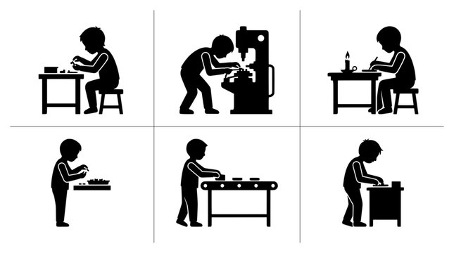 Children working in factory, silhouette for infographic
