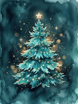 Teal Christmas tree with warm string lights and golden star on festive bokeh background