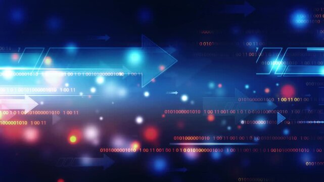 Abstract Digital Technology Background with Binary Code and Moving Arrows, binary code, representing rapid data transmission and advanced technology. 4K video