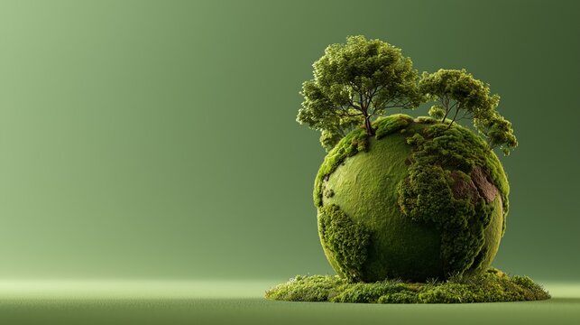 World Nature Conservation Day concept, green earth globe covered with moss and tiny trees with copy space