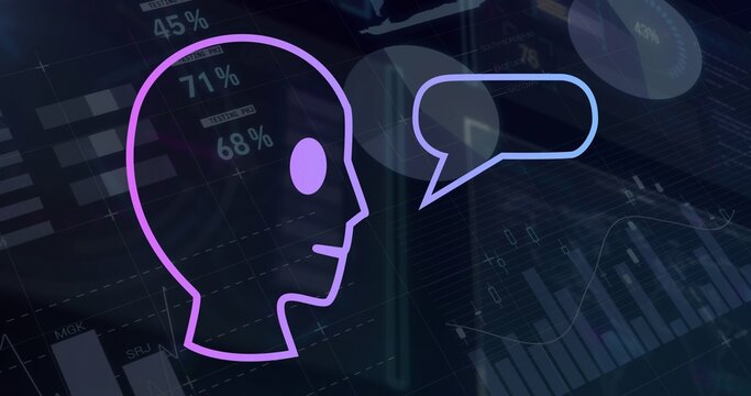 Displaying neon purple profile facing right on dashboard with bar charts and blue bubble