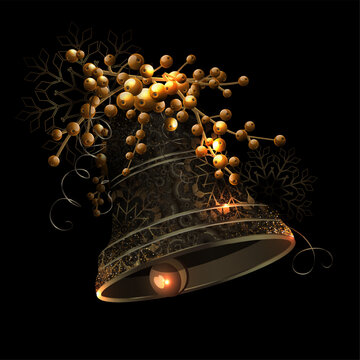 Merry Christmas. Isolated golden bell with snowflakes, design element.