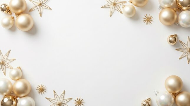 Golden baubles and star ornaments arranged on a white background with soft light