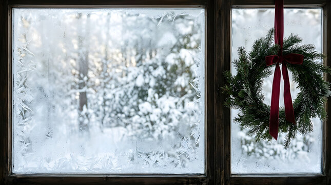 Cozy winter scene with frosty window and Christmas wreath