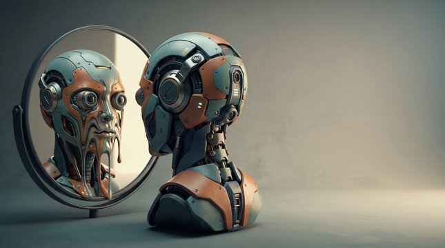 Conceptual robot head looking into mirror reflecting distorted melting version of itself, AI hallucination concept