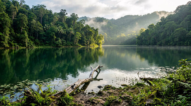 Serene Tropical Rainforest Lake Reflecting Lush Green Trees and Misty Mountain Hills with Fallen Tree Trunk Along Natural Shoreline