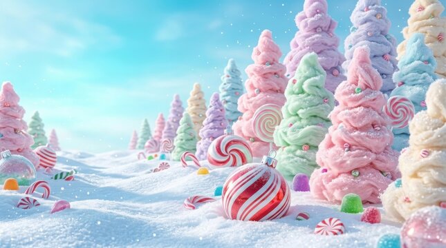 Whimsical pastel candy trees in snowy wonderland with swirling snow and sweet treats
