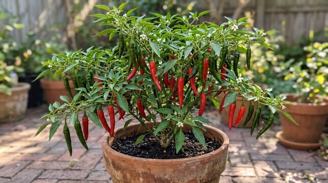 Fresh Red and Green Chili Pepper Plant Growing in a Terracotta Pot in a Garden