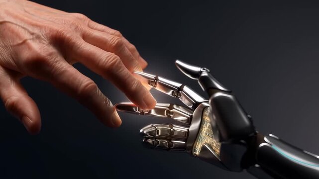 AI generated video of human hand touching robotic fingers under dramatic studio illumination in 4k