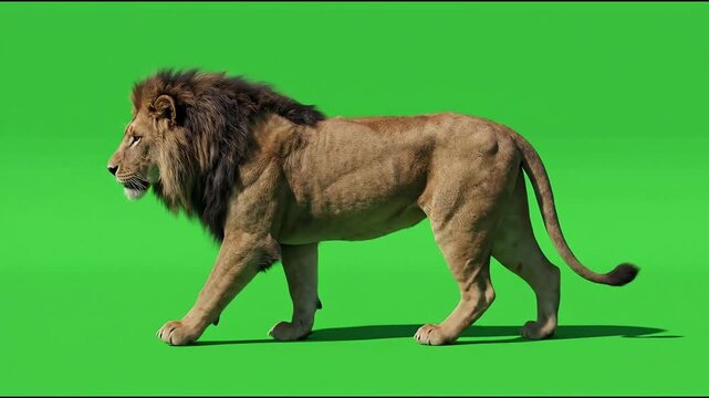 Realistically rendered male lion walking proudly on chroma key green screen background for video compositing and visual effects project