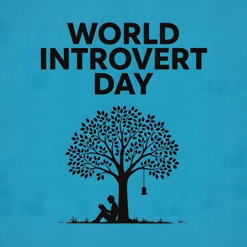 World Introvert Day January 2 minimalist illustration featuring peaceful person reading beneath tree on blue background celebrating solitude reflection and tranquility