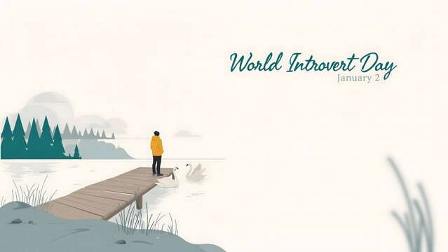 World Introvert Day January 2 peaceful minimalist landscape featuring solitary person standing on wooden pier beside lake celebrating solitude and tranquility