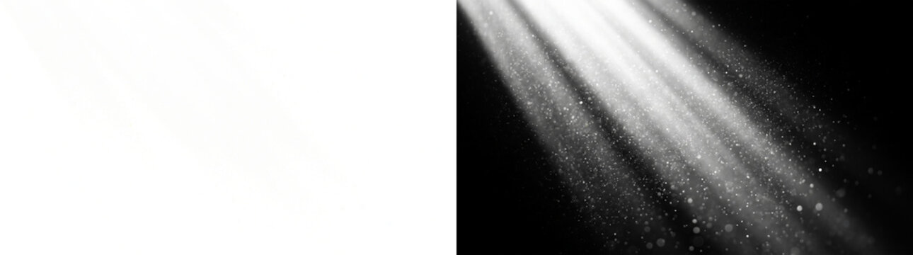Cinematic white light beams with floating dust particles on black background, volumetric sun rays and sparkling light effect for photo editing overlay.