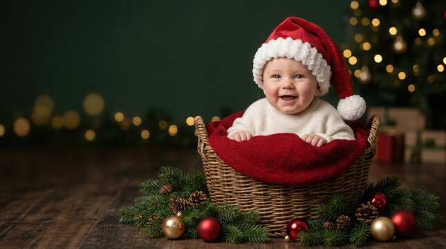 Smiling baby in Santa hat nestled in basket with Christmas tree bokeh