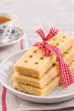A stack of traditional Christmas shortbread cookies, tied with a red-and-white checkered ribbon and surrounded by crumbs, resting on a white plate