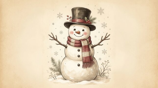 Smiling snowman in a top hat and scarf with falling snow during winter