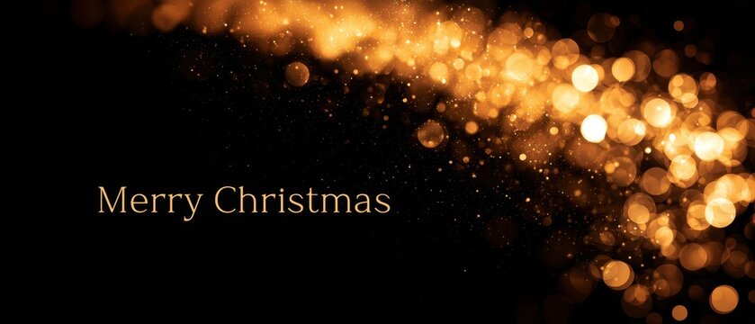 Gold Merry Christmas greeting beneath a sweeping arc of sparkling golden bokeh on an elegant black festive background