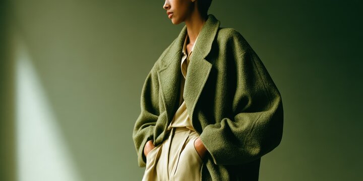 Cropped fashion portrait of a woman in an oversized olive green jacket and cream trousers against a dark green wall