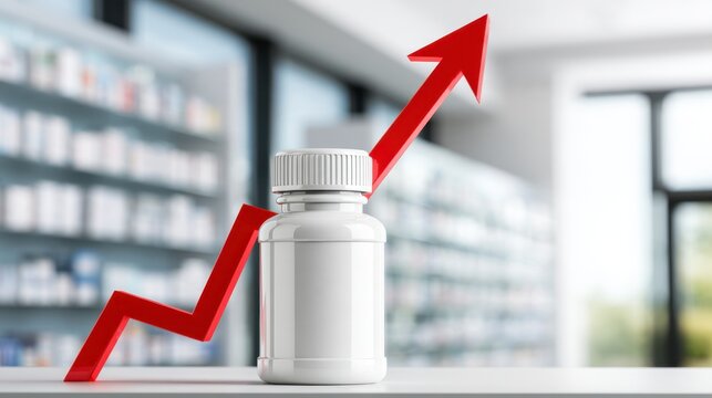 Blank white medicine bottle with a rising red zigzag arrow in a pharmacy illustrating increasing prescription drug prices