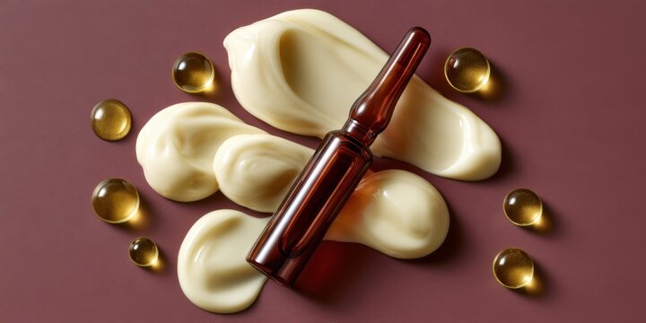 Amber skincare ampoule on creamy cosmetic swirls with golden serum droplets against a muted burgundy background