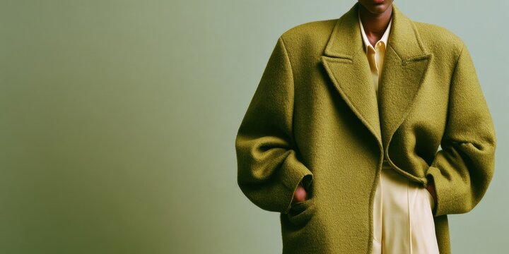 Woman wearing an oversized olive green cropped jacket with ivory trousers and hands in pockets against a muted green background