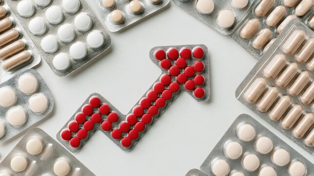 Red tablets arranged as a rising zigzag arrow among medicine blister packs on a light background showing increasing medication costs