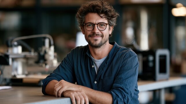 Man smiling while leaning on counter in workshop setting