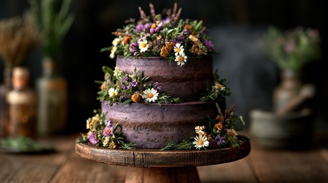 Two tier chocolate cake decorated with wild flowers on stand