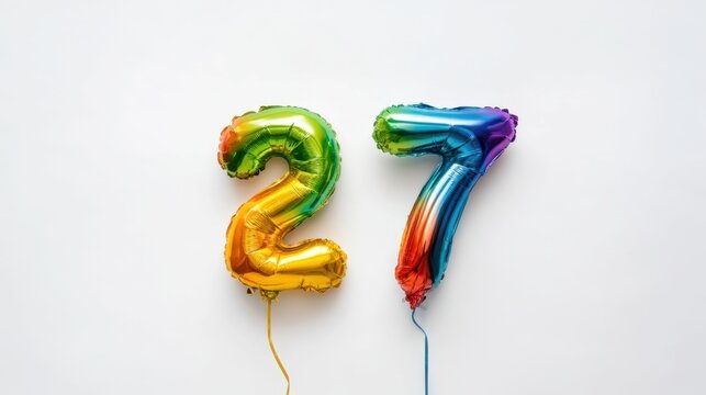 Number 27 rainbow balloons floating against white background