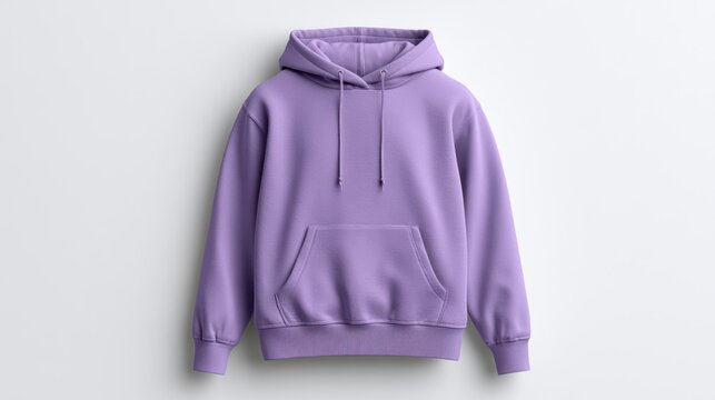 Single lavender hoodie hanging on plain white studio wall