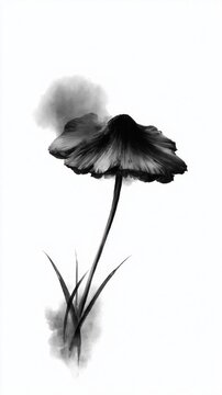 Monochrome ink painting of solitary mushroom with grass National Mushroom Hunting Day. National Mushroom Day