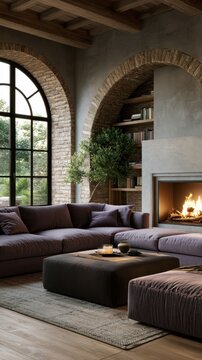 Low modular sofa facing fireplace in rustic arched room