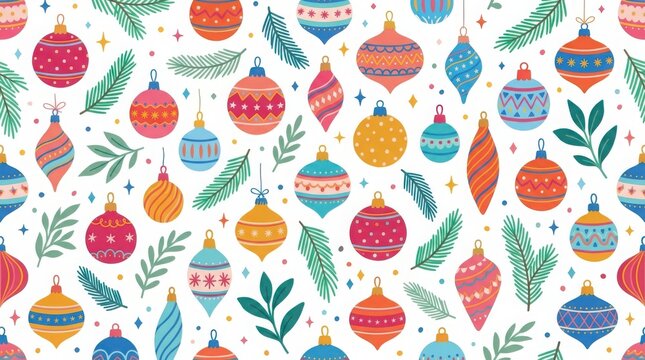 Festive Christmas ornaments and pine sprigs scattered on a white background
