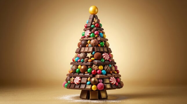 Chocolate Christmas tree adorned with candies against a warm golden studio background