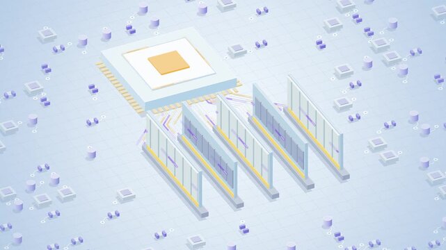 isometric computer motherboard architecture showing digital processor and ram memory modules