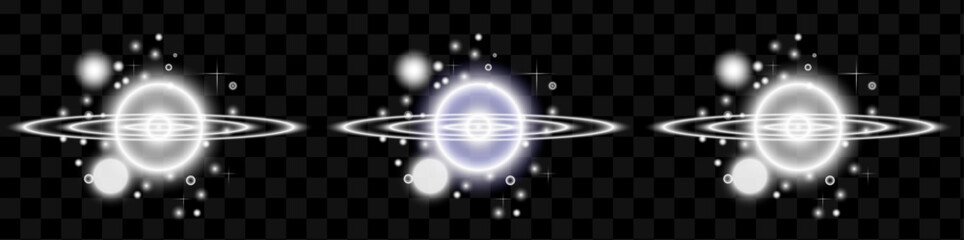 Three glowing planetary rings with sparkling lights on transparent background for space themed designs © Luna Design