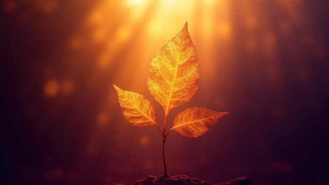 bodhi tree leaves glowing in golden light, double exposure artistic style, dreamy surreal glow, rich violet and gold gradient background, ethereal haze