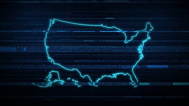 Animated blue digital map of the United States building from a loading ring, outline trace and scanline fill, news and election graphic, HUD style.