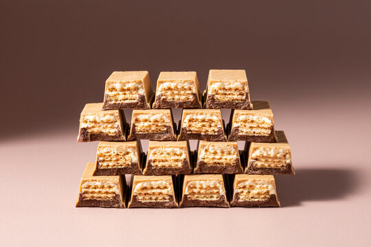 Pyramid stack of chocolate wafer candy bars on a brown background