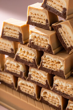 Vertical stack of crispy chocolate covered wafer bars close up