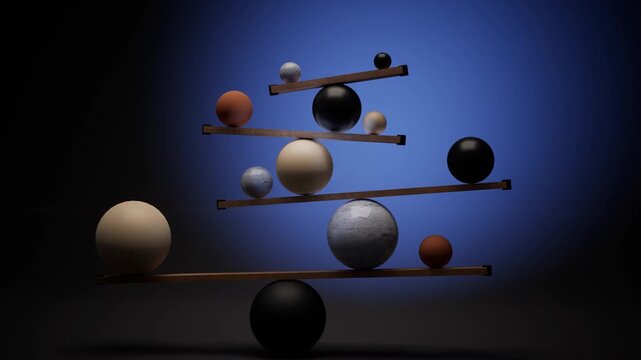Kinetic balance sculpture of wooden planks resting on spheres, gently swaying in counter-phase, deep navy backdrop with a cool blue rim light, slow camera orbit. Seamless 3D loop.