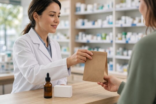 Pharmacist Handing Medication Package to Customer at Pharmacy Counter