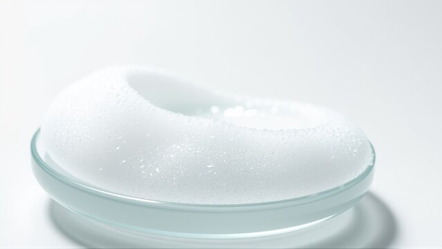 White foam rests upon clear dish. Minimalist studio shot, clean presentation, soft lighting, focus on texture. Simple composition.