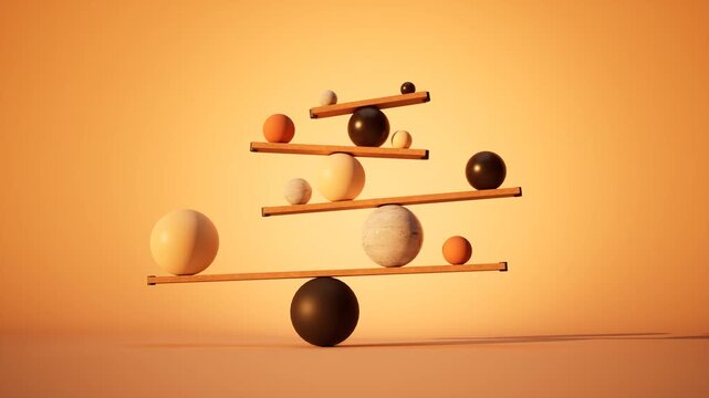 Kinetic balance sculpture of wooden planks resting on spheres, gently swaying in counter-phase, glowing orange sunset gradient backdrop, low hero angle. Seamless 3D loop.
