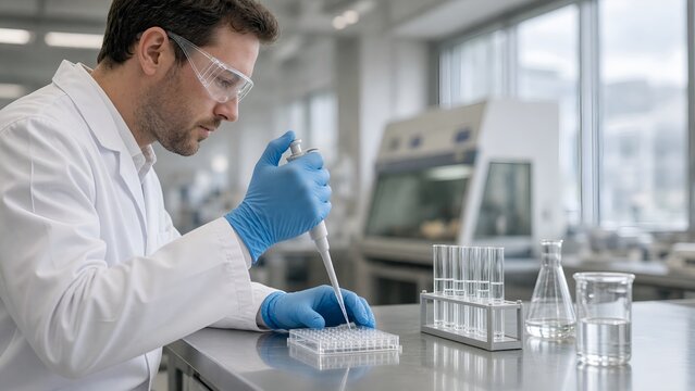 Scientist Pipetting Samples into Microplate in Modern Laboratory