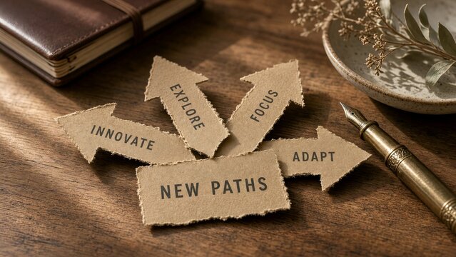 Cardboard Arrow Signs Pointing Toward New Paths, Innovation, and Adapt