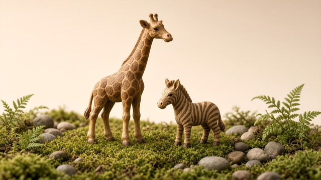 Miniature Giraffe and Zebra Figurines Standing on Lush Green Moss