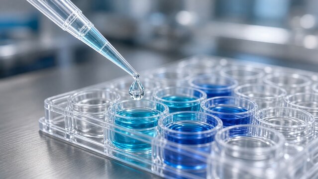 Scientist Carefully Adding Blue Liquid into Multi-well Plate in Lab
